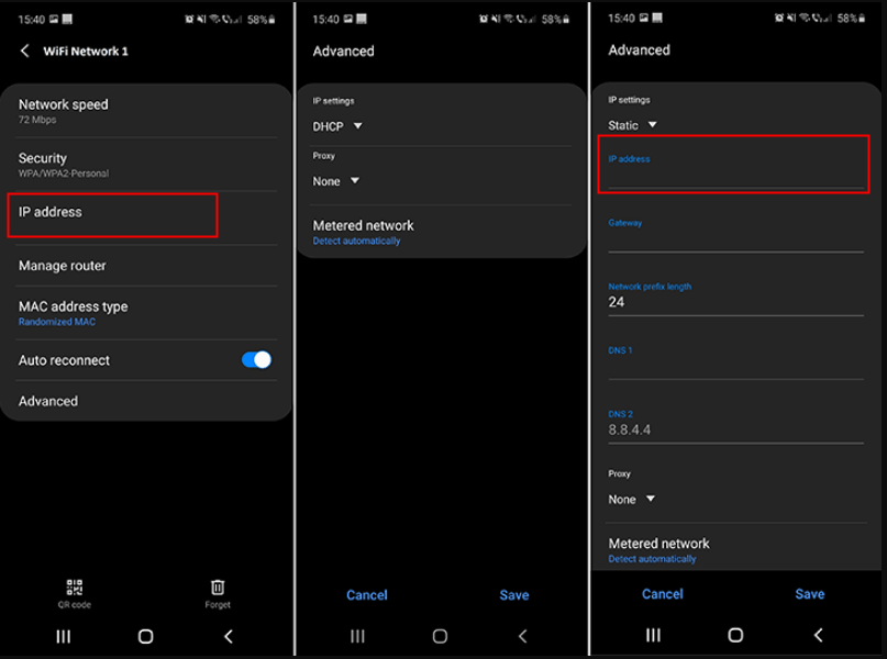 change ip address android