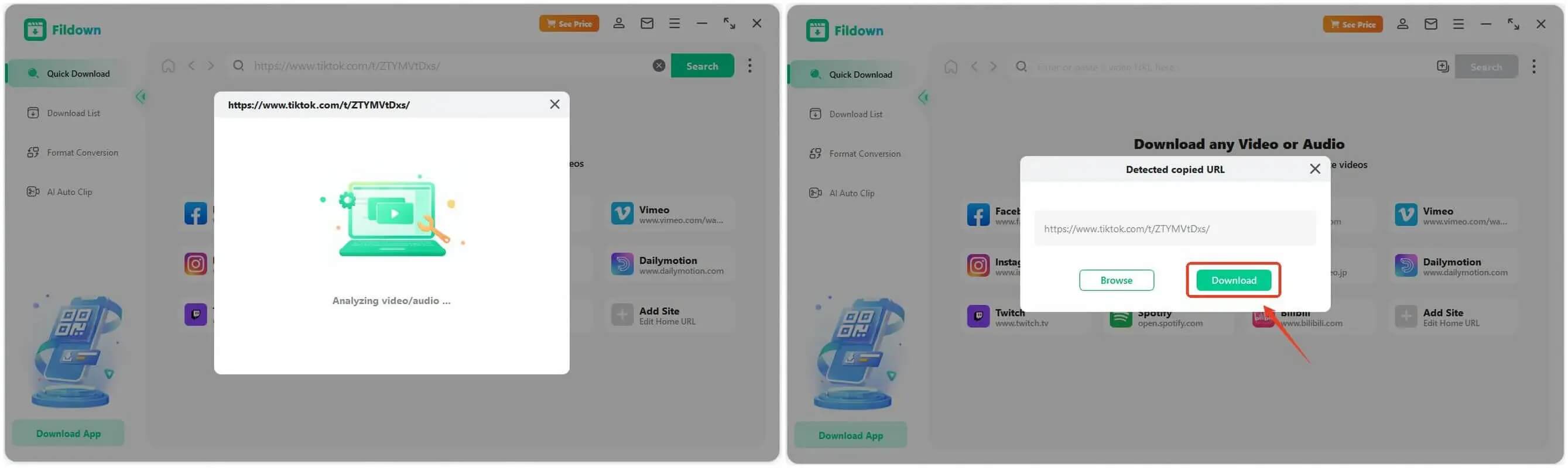 fildown 自動偵測連結並開始解析 tiktok 影片
